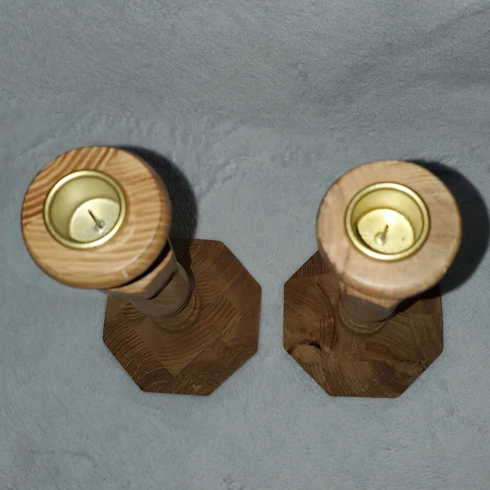 Anthropologie Carved Wood Candle Holders Pair of Two (2) - Picture 2 of 5